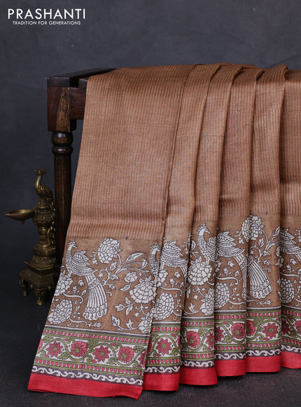 Pure tussar silk saree pastel brown and red with allover block prints and long block printed border