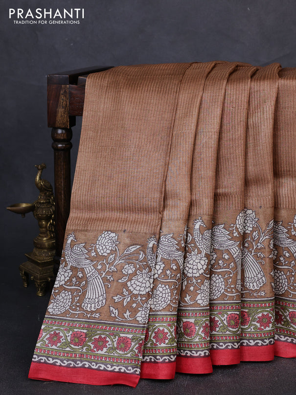 Pure tussar silk saree pastel brown and red with allover block prints and long block printed border