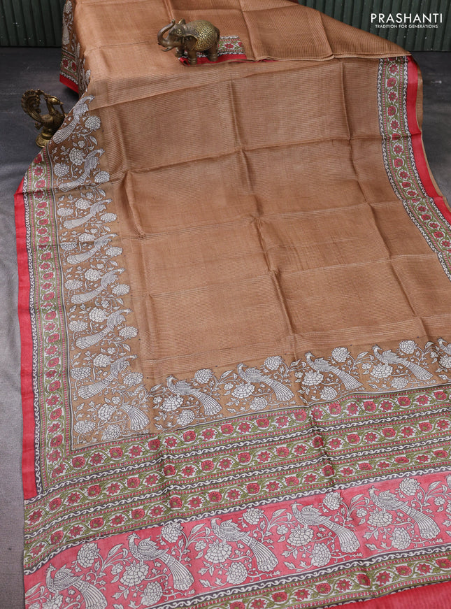 Pure tussar silk saree pastel brown and red with allover block prints and long block printed border
