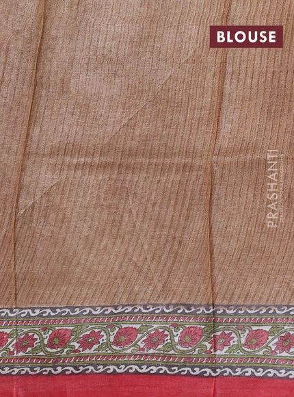 Pure tussar silk saree pastel brown and red with allover block prints and long block printed border