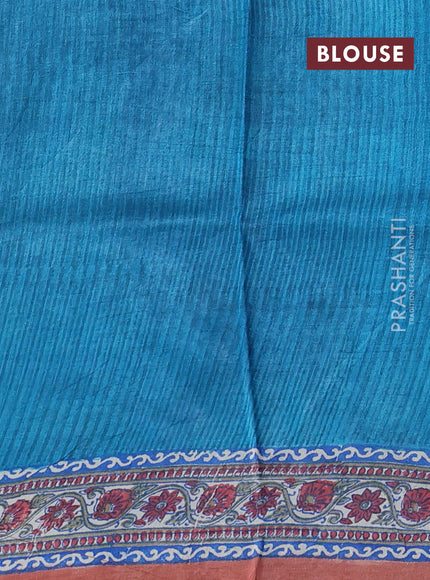 Pure tussar silk saree cs blue and pastel peach with allover block prints and long block printed border