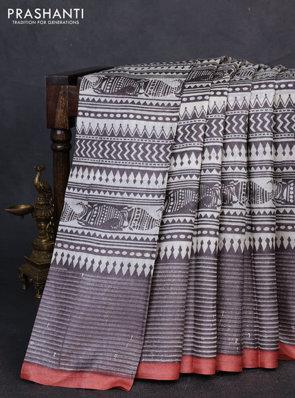 Pure tussar silk saree cream coffee brown and peach shade with allover block prints and piping border