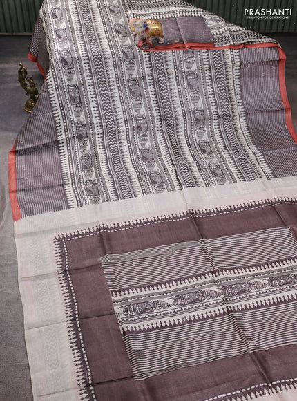 Pure tussar silk saree cream coffee brown and peach shade with allover block prints and piping border
