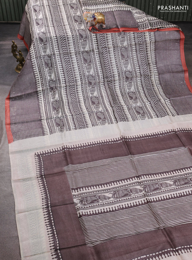 Pure tussar silk saree cream coffee brown and peach shade with allover block prints and piping border
