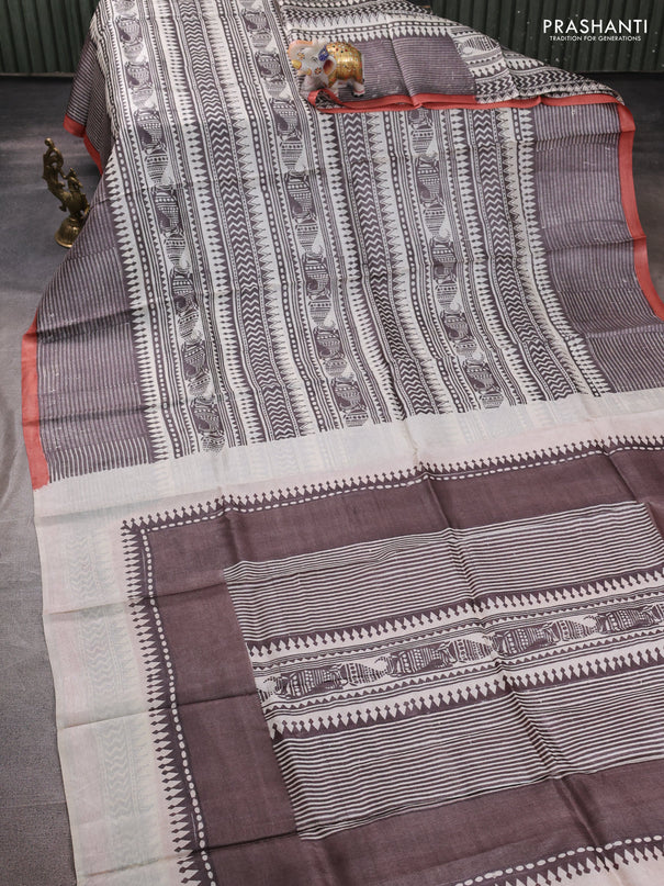 Pure tussar silk saree cream coffee brown and peach shade with allover block prints and piping border