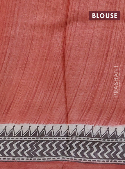 Pure tussar silk saree cream coffee brown and peach shade with allover block prints and piping border