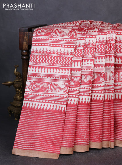 Pure tussar silk saree cream maroon and sandal with allover block prints and piping border