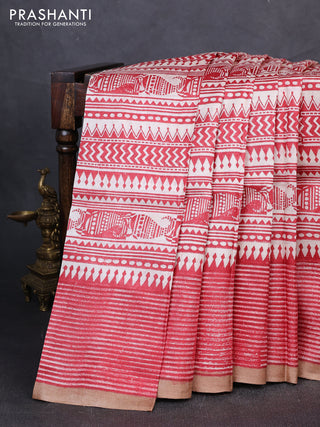 Pure tussar silk saree cream maroon and sandal with allover block prints and piping border