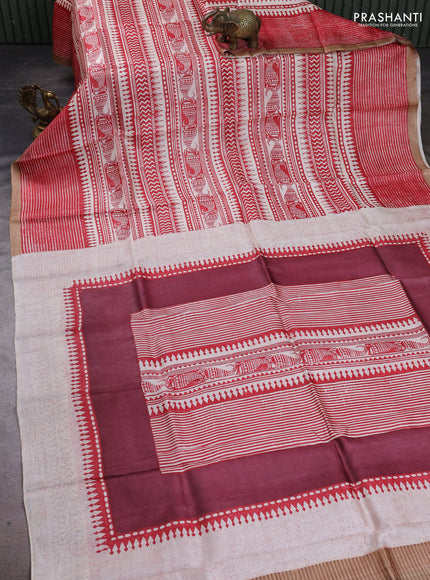 Pure tussar silk saree cream maroon and sandal with allover block prints and piping border