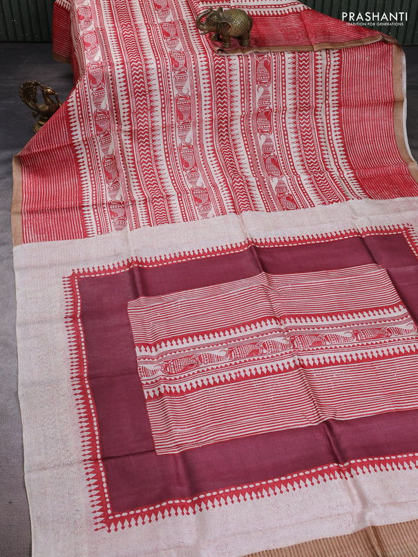 Pure tussar silk saree cream maroon and sandal with allover block prints and piping border