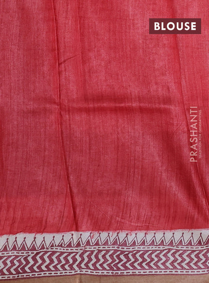 Pure tussar silk saree cream maroon and sandal with allover block prints and piping border