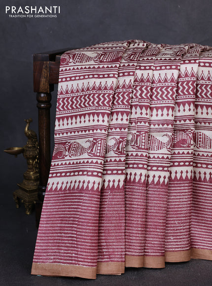 Pure tussar silk saree cream maroon and sandal with allover block prints and piping border