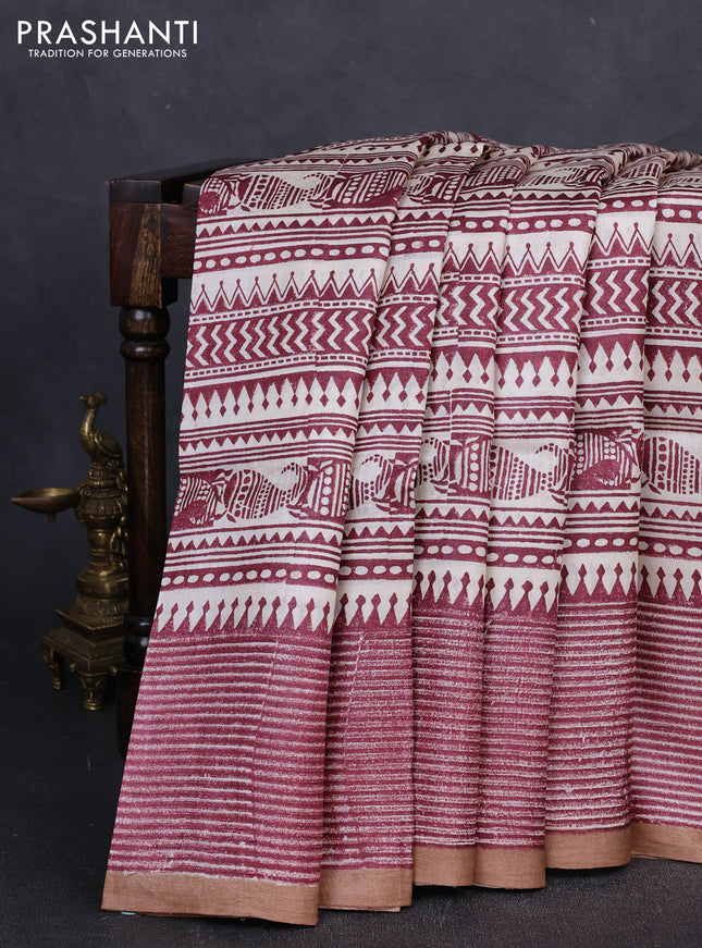 Pure tussar silk saree cream maroon and sandal with allover block prints and piping border