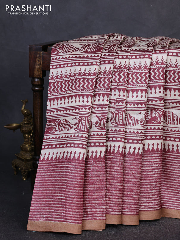 Pure tussar silk saree cream maroon and sandal with allover block prints and piping border