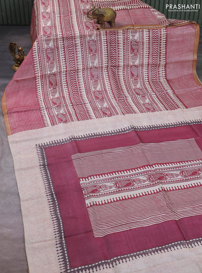 Pure tussar silk saree cream maroon and sandal with allover block prints and piping border