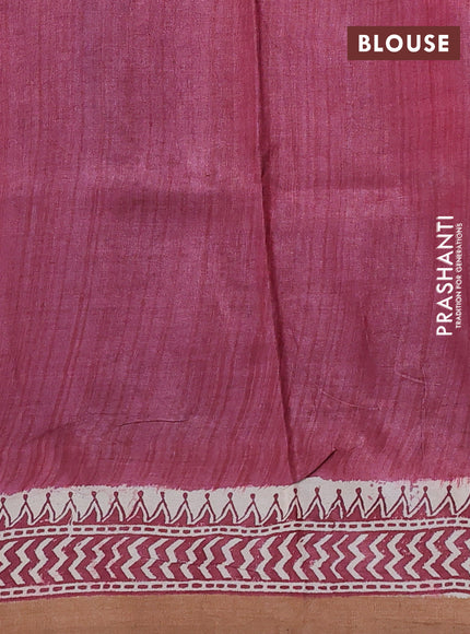 Pure tussar silk saree cream maroon and sandal with allover block prints and piping border