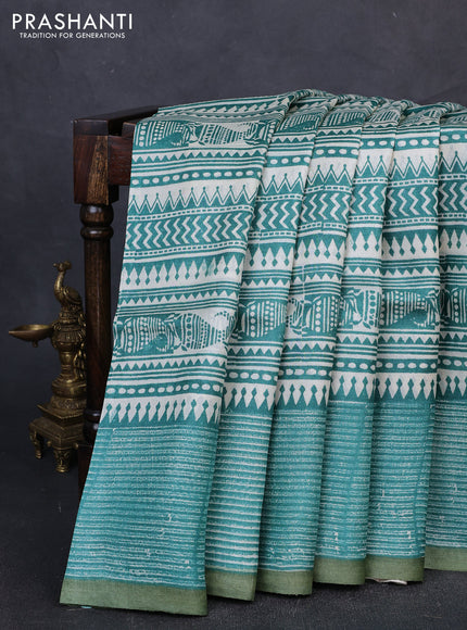 Pure tussar silk saree cream teal green and olive green with allover block prints and piping border