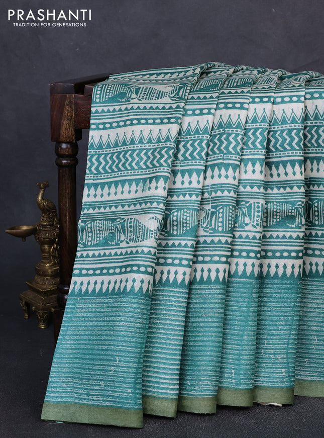 Pure tussar silk saree cream teal green and olive green with allover block prints and piping border