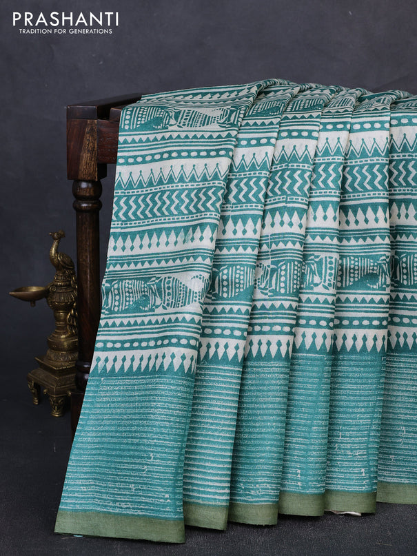 Pure tussar silk saree cream teal green and olive green with allover block prints and piping border