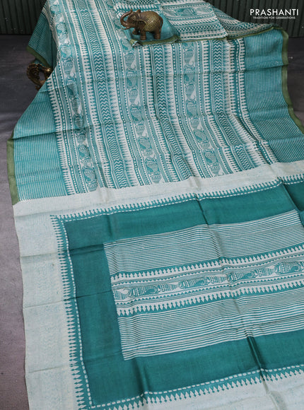 Pure tussar silk saree cream teal green and olive green with allover block prints and piping border