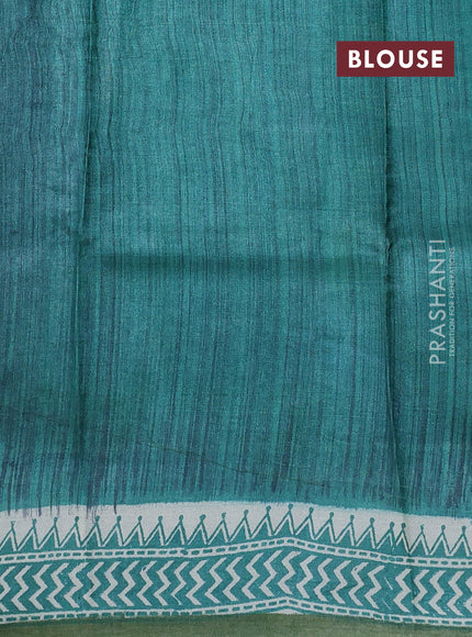Pure tussar silk saree cream teal green and olive green with allover block prints and piping border