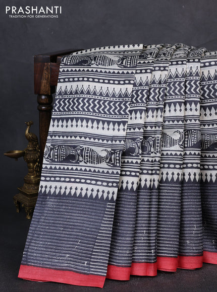 Pure tussar silk saree cream black and elephant grey red with allover block prints and piping border