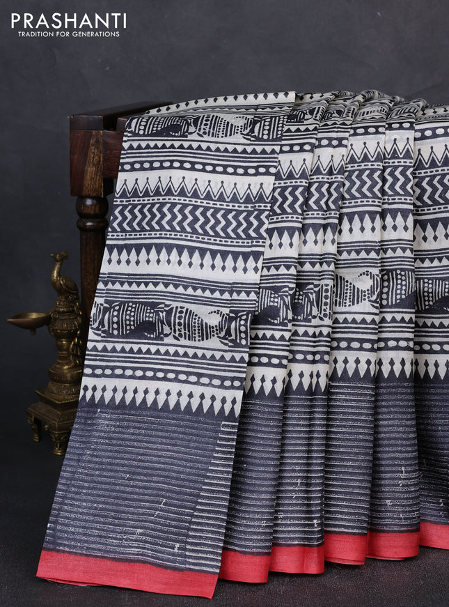Pure tussar silk saree cream black and elephant grey red with allover block prints and piping border