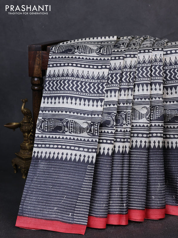 Pure tussar silk saree cream black and elephant grey red with allover block prints and piping border
