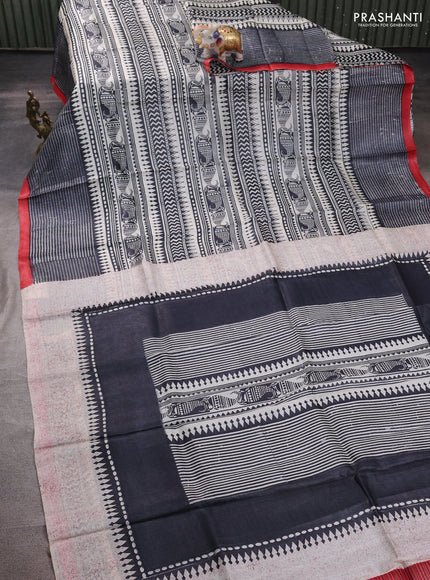 Pure tussar silk saree cream black and elephant grey red with allover block prints and piping border