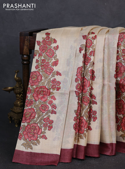 Pure tussar silk saree cream red shade and deep maroon with allover block prints and piping border