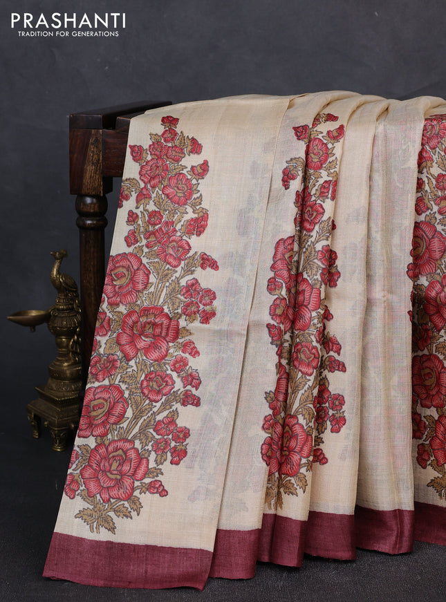 Pure tussar silk saree cream red shade and deep maroon with allover block prints and piping border