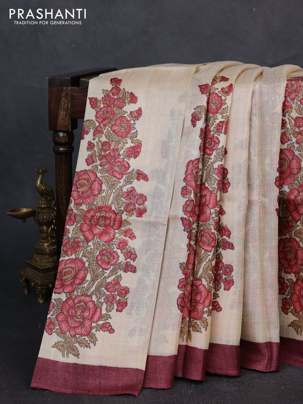 Pure tussar silk saree cream red shade and deep maroon with allover block prints and piping border