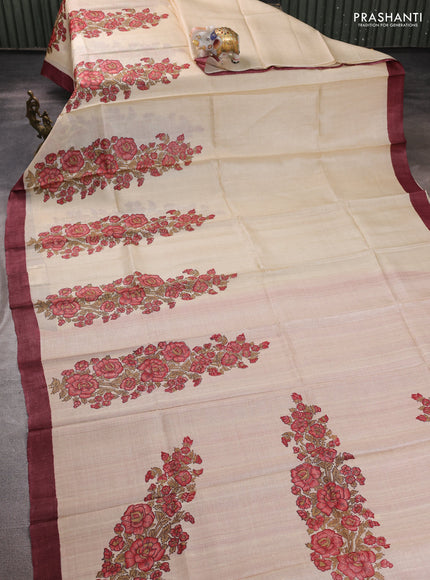 Pure tussar silk saree cream red shade and deep maroon with allover block prints and piping border