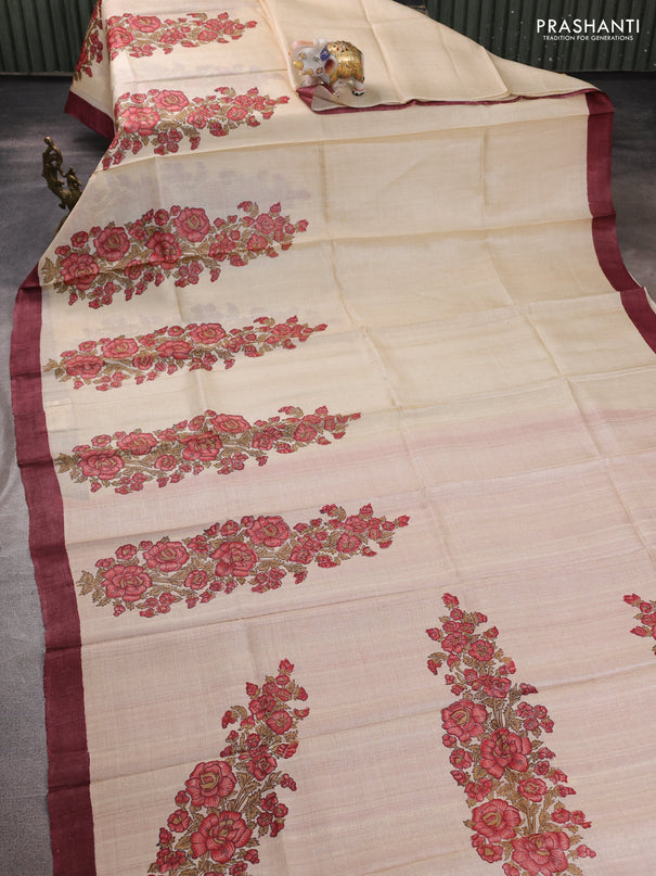 Pure tussar silk saree cream red shade and deep maroon with allover block prints and piping border