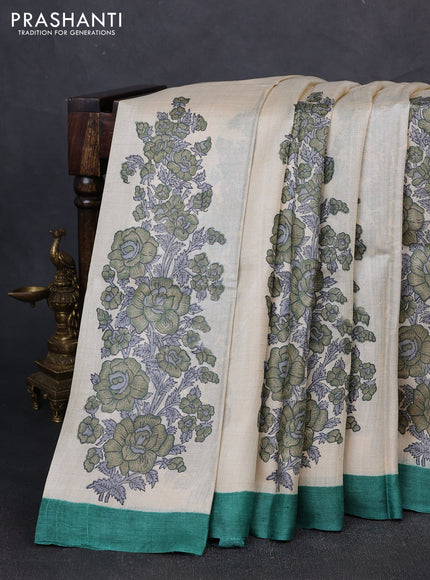 Pure tussar silk saree cream and green with floral block prints and simple border