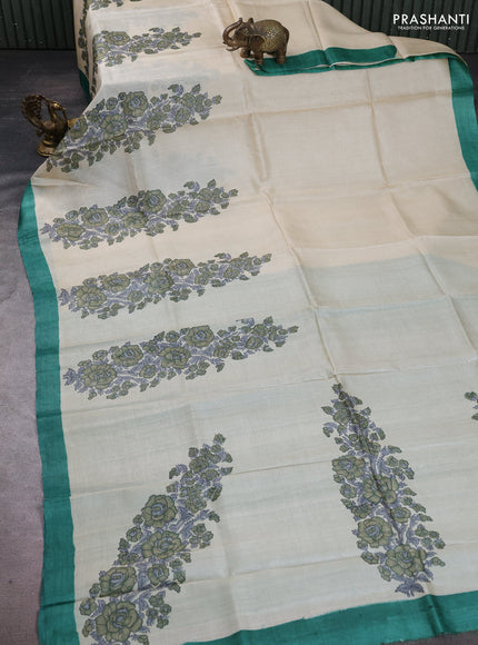 Pure tussar silk saree cream and green with floral block prints and simple border