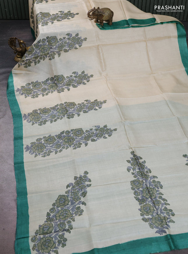 Pure tussar silk saree cream and green with floral block prints and simple border
