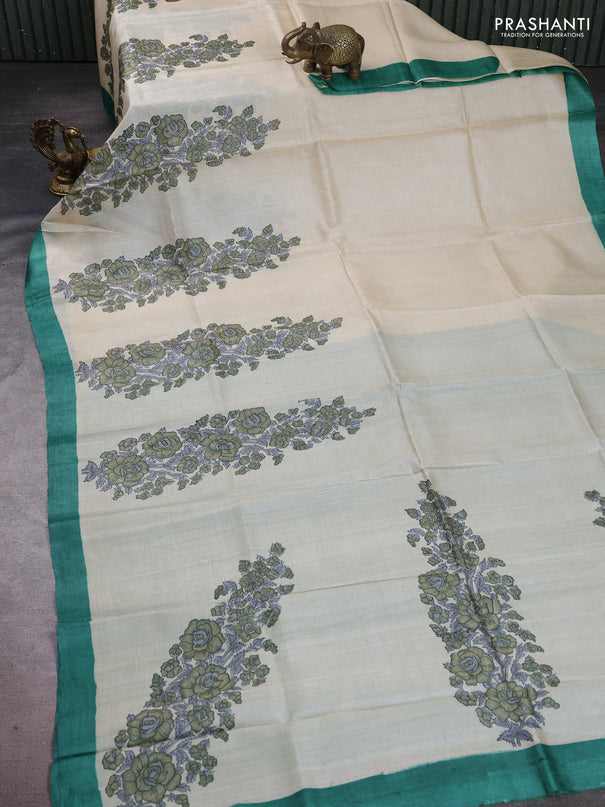 Pure tussar silk saree cream and green with floral block prints and simple border