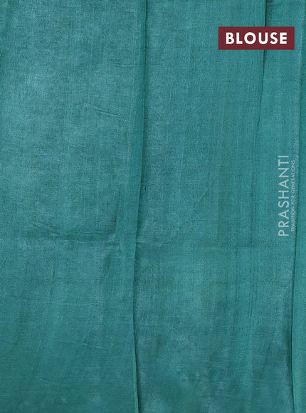 Pure tussar silk saree cream and green with floral block prints and simple border