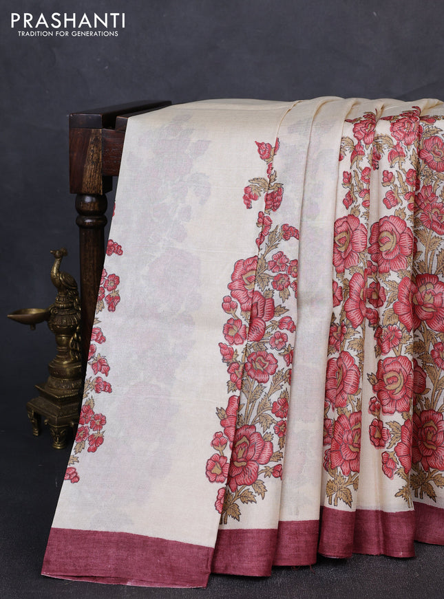 Pure tussar silk saree cream peach and deep maroon with floral block prints and simple border