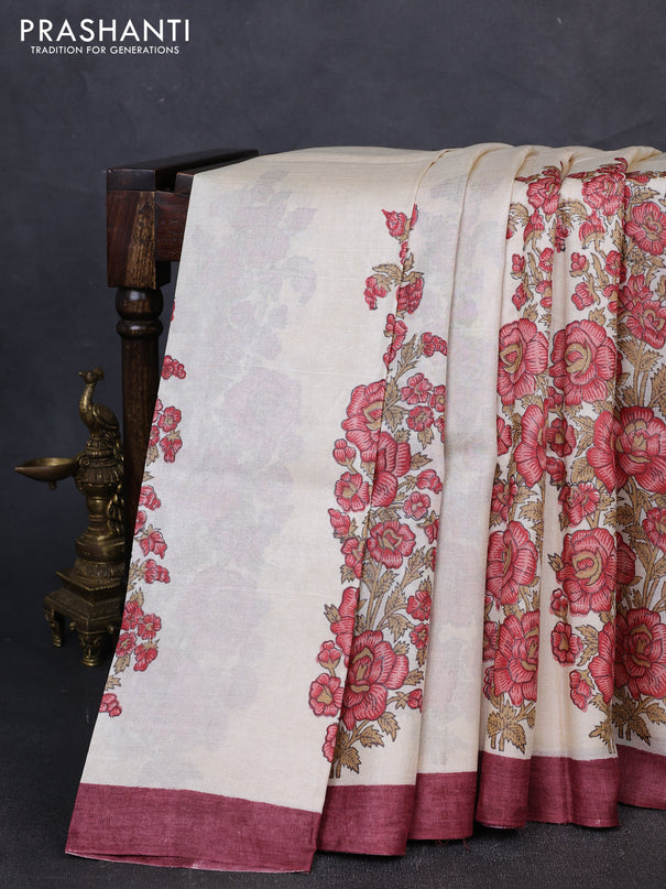 Pure tussar silk saree cream peach and deep maroon with floral block prints and simple border