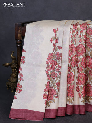 Pure tussar silk saree cream peach and deep maroon with floral block prints and simple border