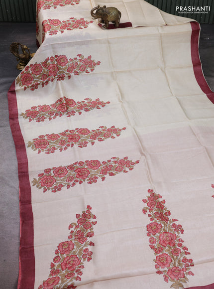 Pure tussar silk saree cream peach and deep maroon with floral block prints and simple border