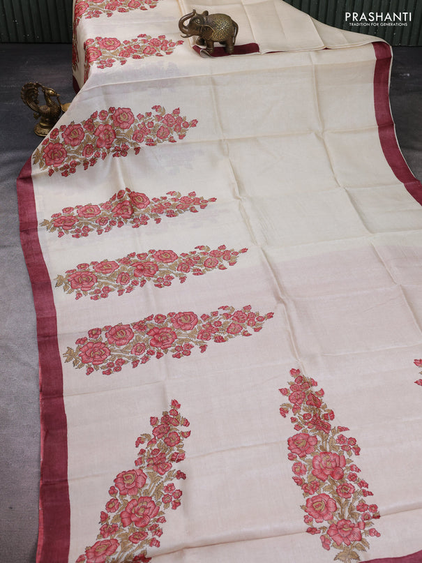 Pure tussar silk saree cream peach and deep maroon with floral block prints and simple border