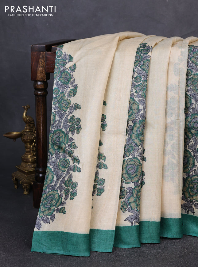 Pure tussar silk saree cream and green with floral block prints and simple border