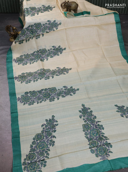 Pure tussar silk saree cream and green with floral block prints and simple border