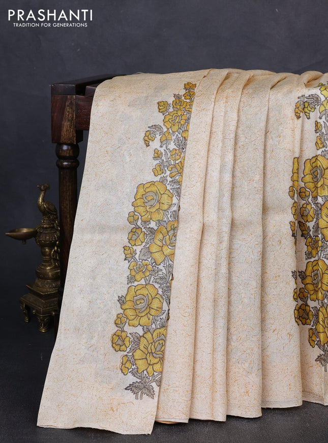 Pure tussar silk saree cream and mustard yellow with floral block prints in borderless style