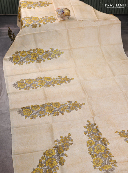 Pure tussar silk saree cream and mustard yellow with floral block prints in borderless style