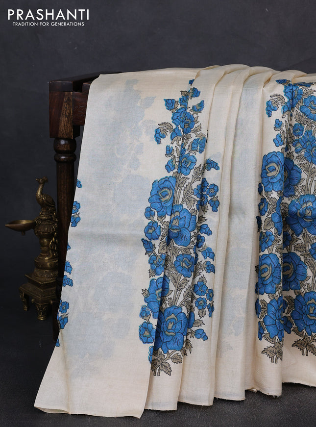 Pure tussar silk saree cream and blue with floral block prints in borderless style