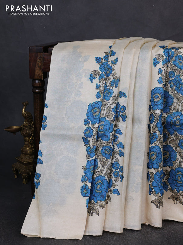 Pure tussar silk saree cream and blue with floral block prints in borderless style